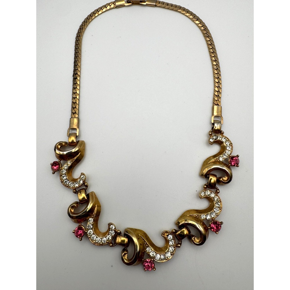 Vintage Lisner Necklace Choker Pink Rhinestone Gold Tone Scroll READ